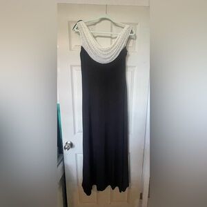 Elegant Black Maxi Dress with White Beaded Yoke